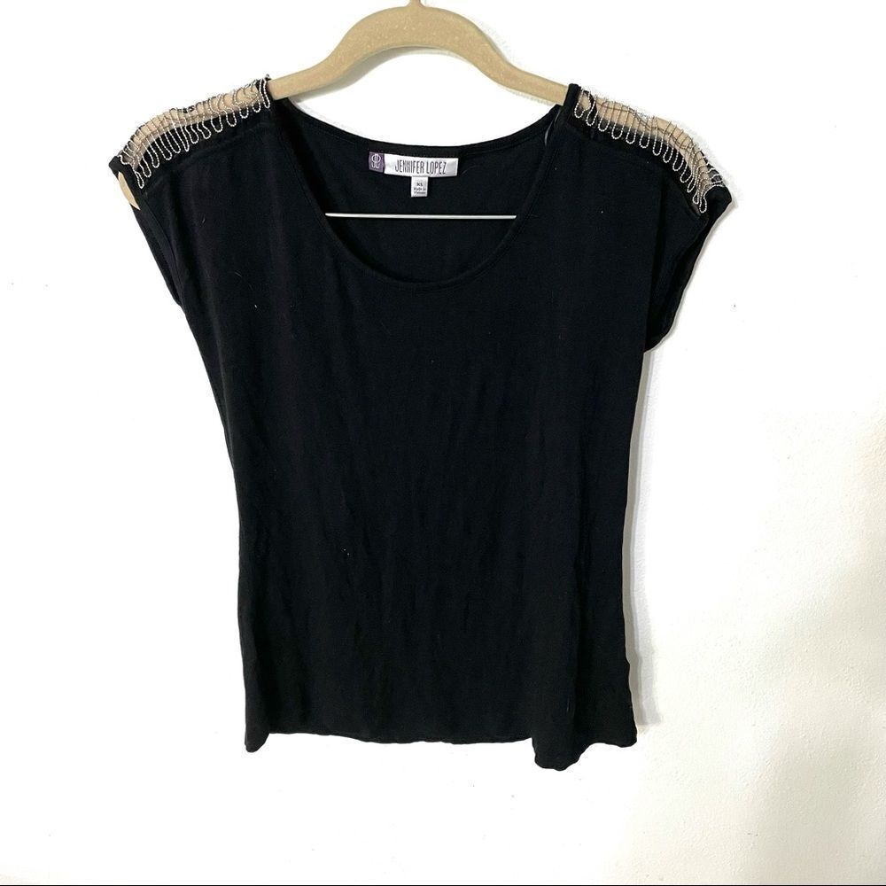 JENNIFER LOPEZ blouse womens black beaded short sleeve top xsmall